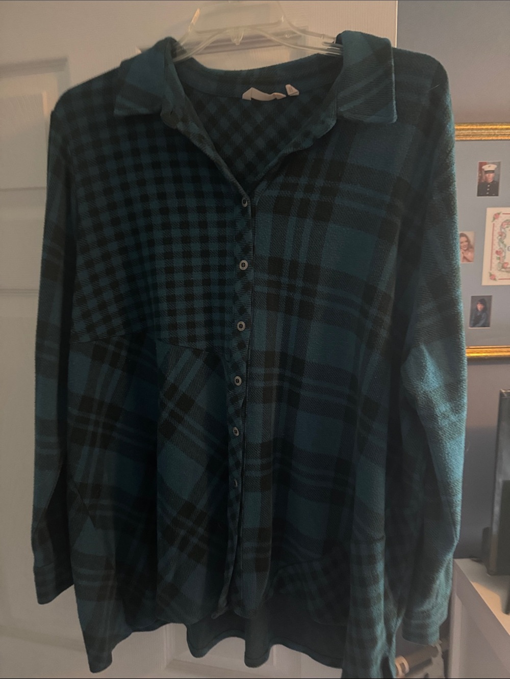 Soft Surroundings Teal and Black Plaid Button-Down Shirt